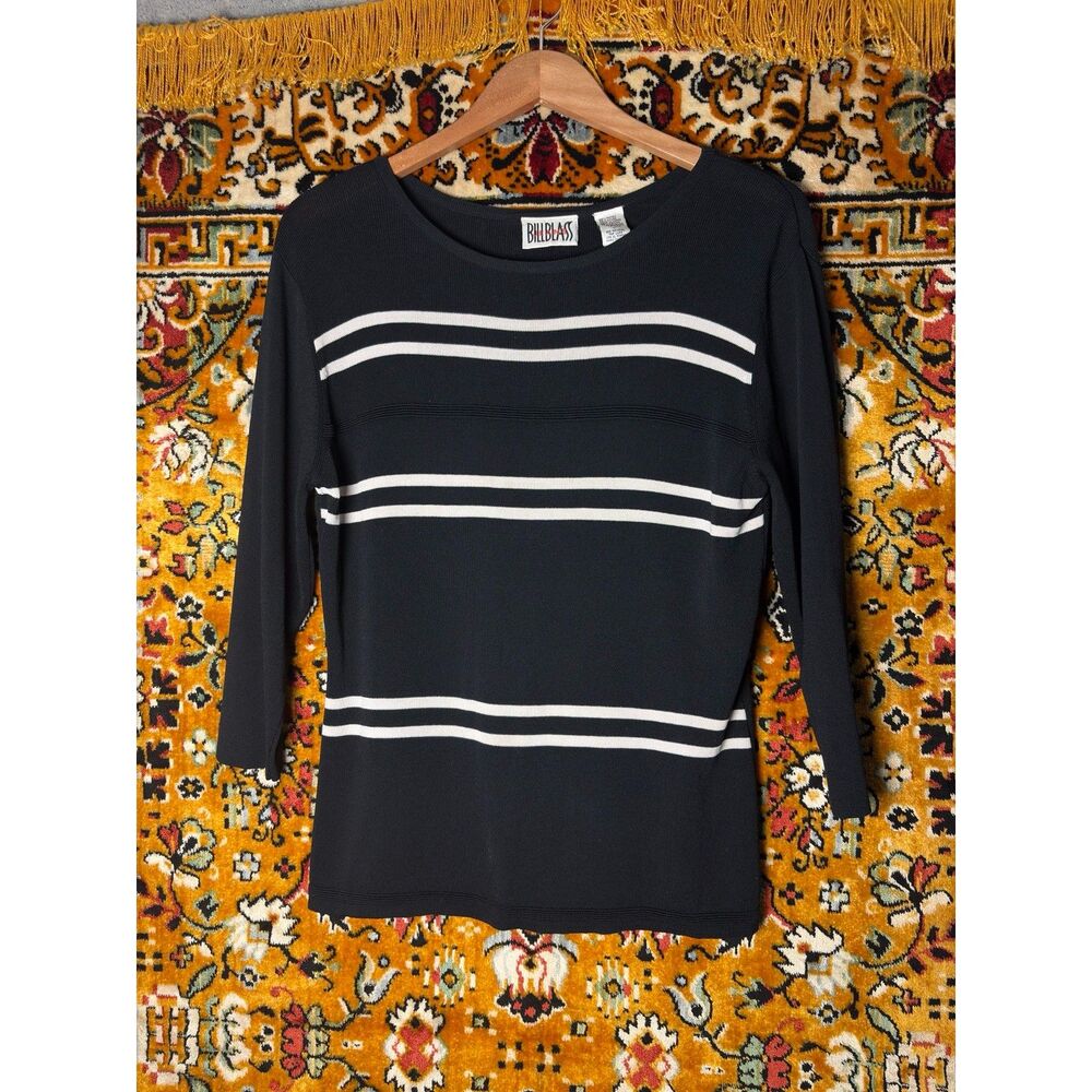 90s Vintage Bill Blass Minimal Striped Knit Boatneck 3/4 Sleeve Top sz L